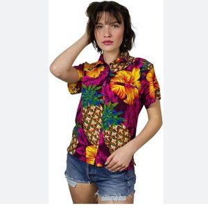 KING KAMEHA Fun Casual Hawaiian Blouse Women's L Pineapples